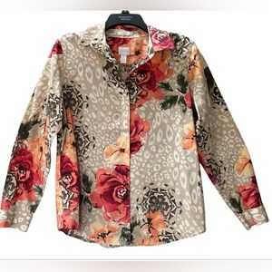 Chicos Floral No Iron Easy Care Long Sleeve Blouse Top Autumn Size M 8